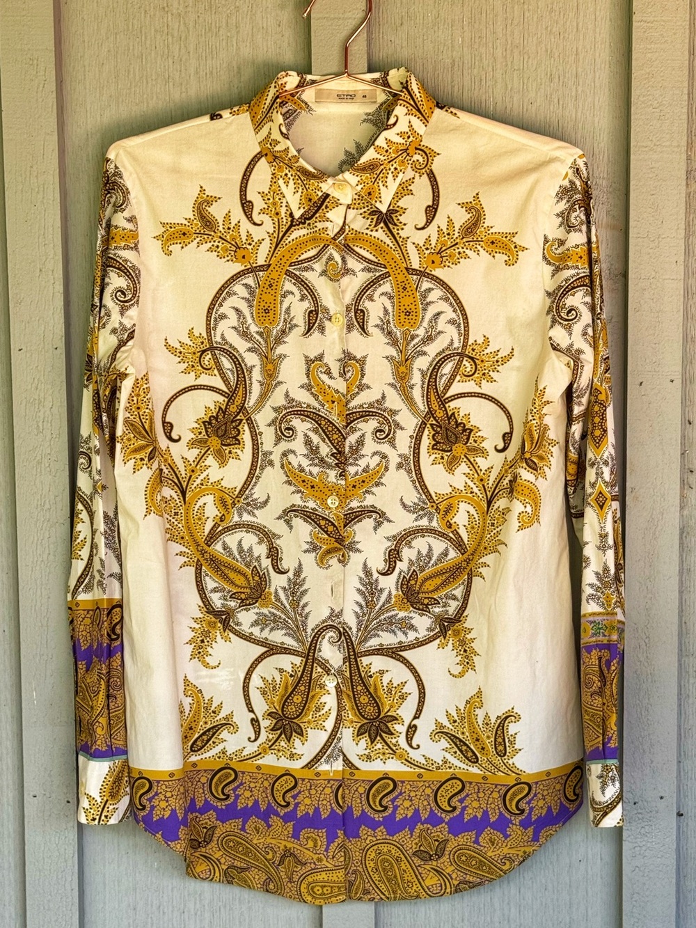 Women’s Etro Printed Button-Up Cotton Shirt Blouse - Cream and Gold - 48 - 12